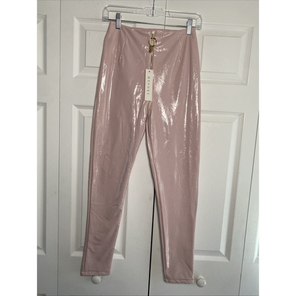 Meshki Madison Latex Zipper Front Pants Womens Size S Baby Pink Vinyl High Waist